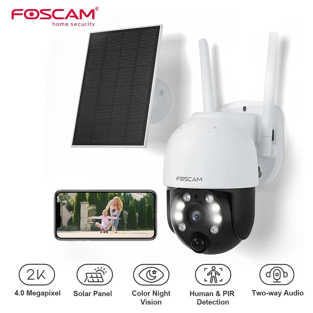 FOSCAM 2K Solar Security Cameras Wireless Outdoor 4MP PT Battery Powered 2.4G Wi-Fi Night Vision Camera for Home Surveillance