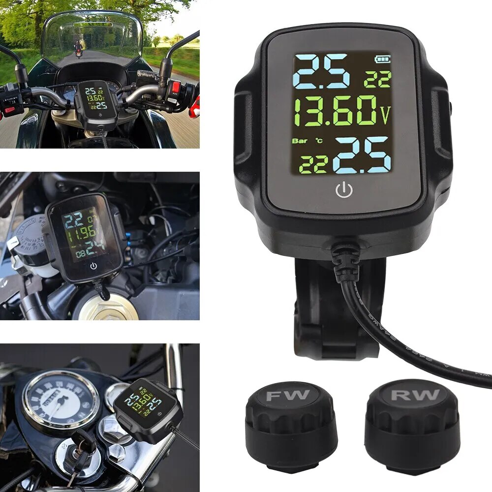 TPMS Motorcycle Tire Pressure Monitoring System With 2 Exteral Sensors Smart Tyre Alarm Kit Universal Motorbike Accessories