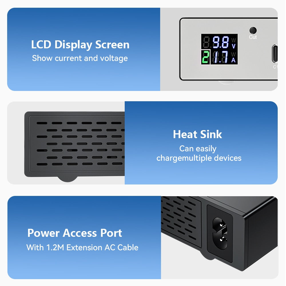 140W 6 Ports USB C Fast Charger PD 30W Type C Charging Station With Digital Display For IPhone 14 13 Pro Max Samsung Xiaomi Ipad