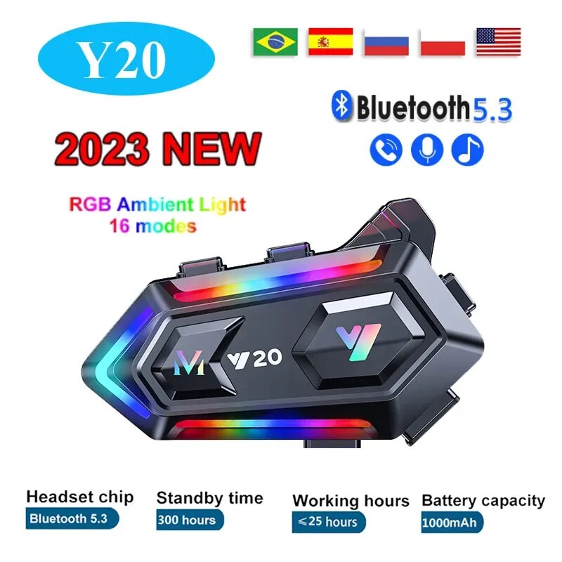 Y20 Motorcycle Helmet Bluetooth Headset for Rider BT5.3 Waterproof 1000mAh Phone Device Music Player Communicator Speakers