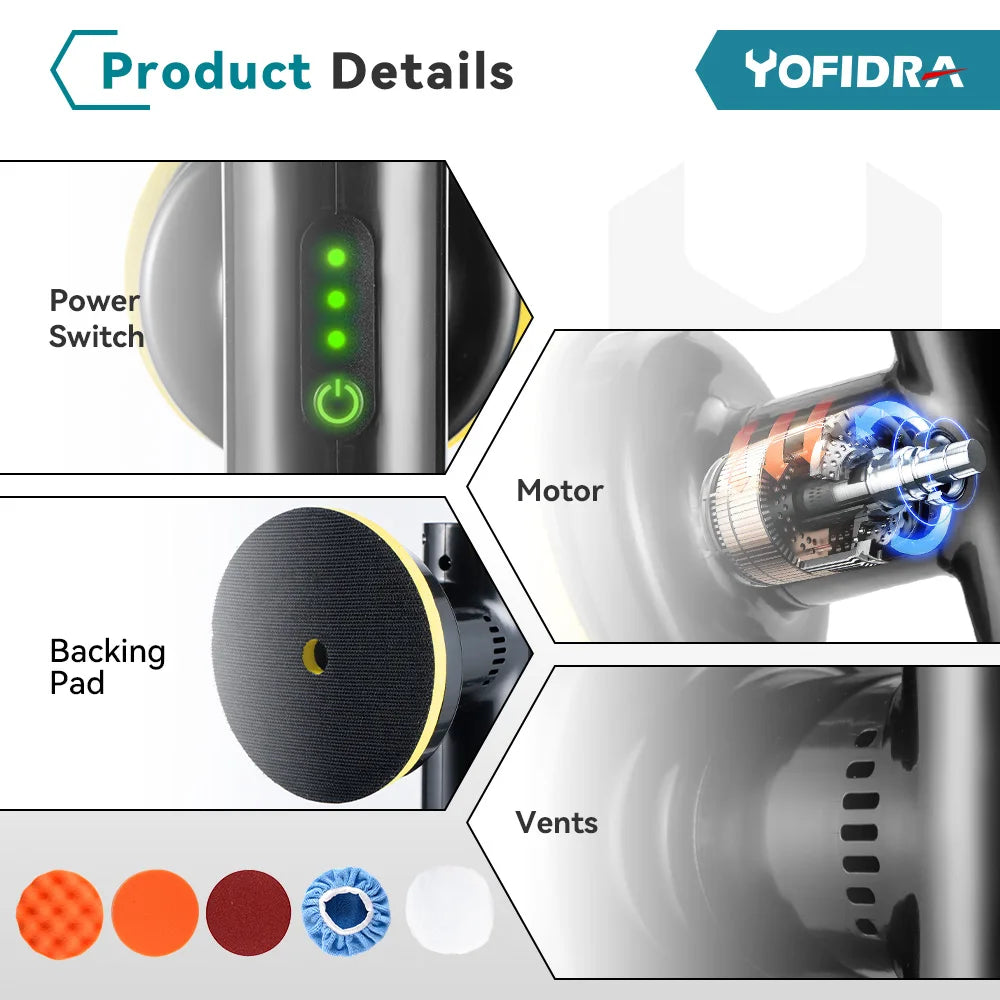 Yofidra Electric Polish Waxing Machine 12V Wireless Car Polisher 3800RPM 2Gears Adjustable Car Beauty Auto Washing Portable Tool