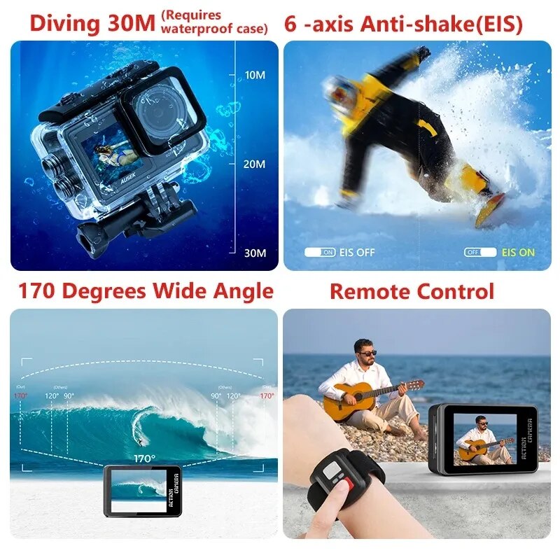Action Camera Removable Filter 6 Lens 5K 30FPS 4K 60FPS 48MP Dual Screen 2" IPS EIS Video Shooting Go Waterproof Sports Cam Pro