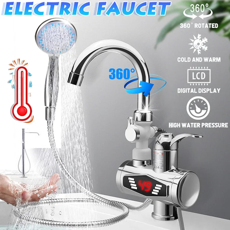 KBAYBO 3000W Stainless Steel Water Heater Faucet Electric Tap with Shower Head 3S Fast Heating Instant Hot Water for Kitchen