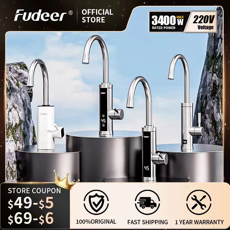 Fudeer Electric Water Heater 220V Kitchen Faucet Tankless Instant Heating Water Tap Flowing Heated Mixer Digital Display Geyser