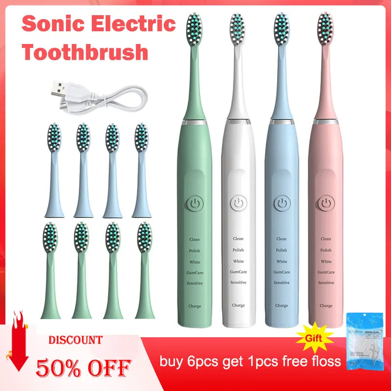 Sonic Electric Toothbrush Timer Brush 5 Mode USB Charger Rechargeable Deep Clean Tooth Brushes Replacement Heads Set For Adults