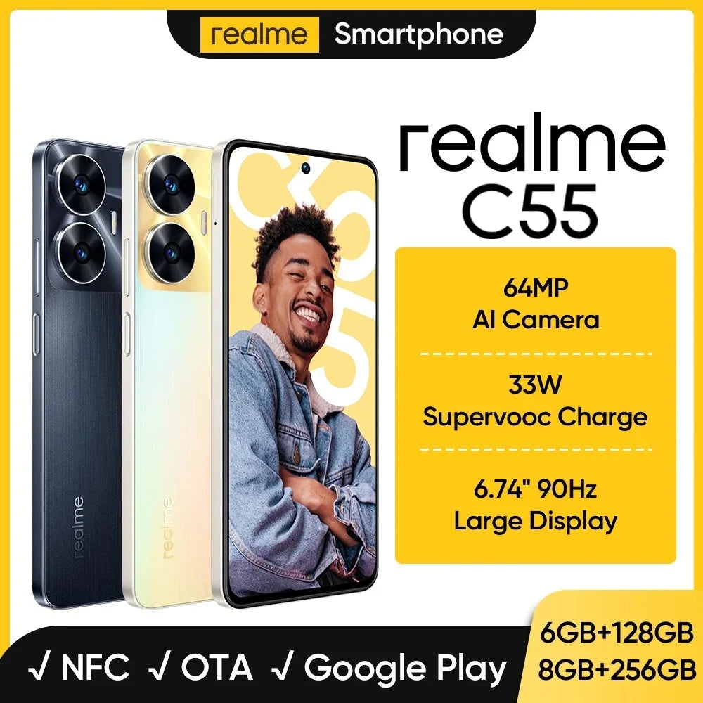 Global Version realme C55 33W SUPERVOOC SmartPhone 50MP AI Camera 6.74'' 90Hz 5000mAh 8GB+256GB Octa-core Processor EU Adapter