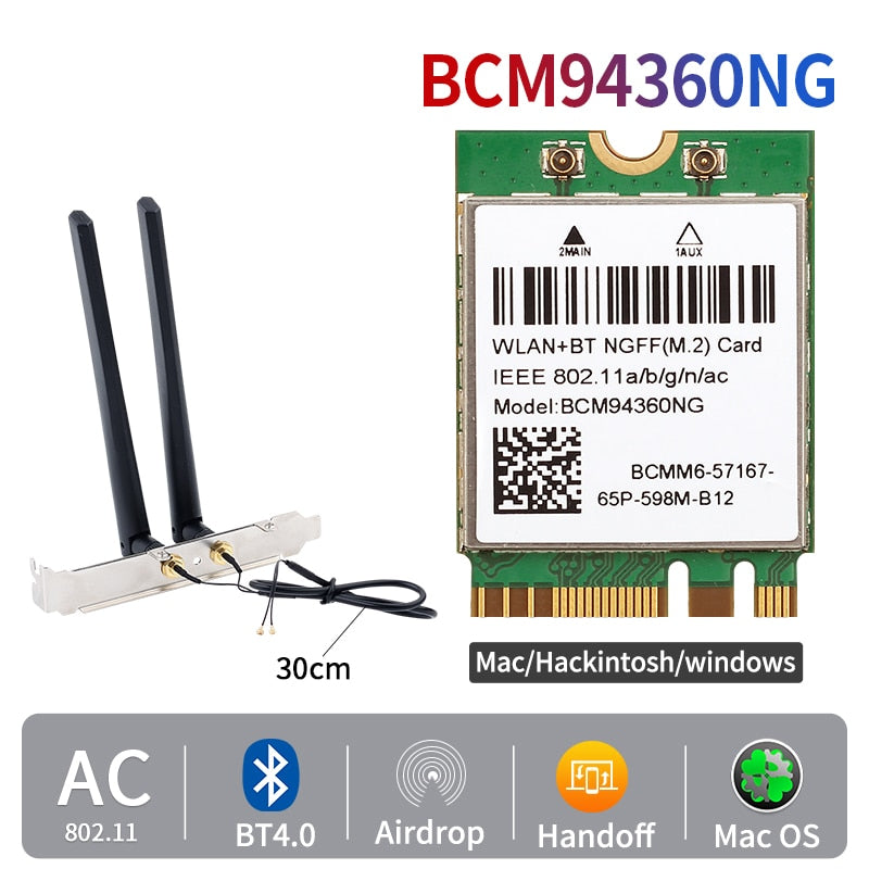 1200Mbps BCM94360NG M.2 Wifi Card MacOS Hackintosh Bluetooth 4.0 Dual Band 802.11ac Wireless Desktop Kit Antenna Network Card