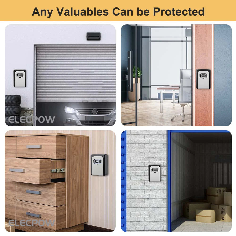 Elecpow Metal Material Password Lock Storage Box Outdoor Waterproof Wall Mount 4 Digit Password Key Box Anti Theft Key Safe Box