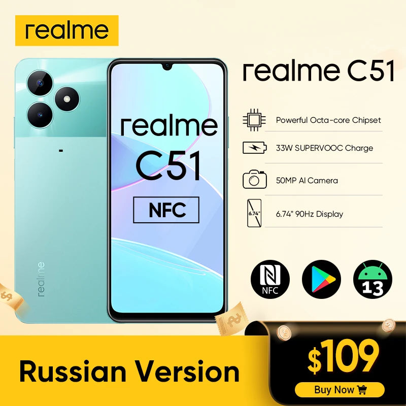 Russian Version realme C51 50MP AI Camera 33W SUPERVOOC Charge 6.74" 90Hz Display 5000mAh Battery Android Smartphone