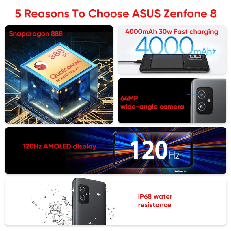 ASUS Zenfone 8 5G Global Version Snapdragon 888 5.9" 120Hz AMOLED Display 4000mAh 30W Fast charging 64MP Main Cameras NFC