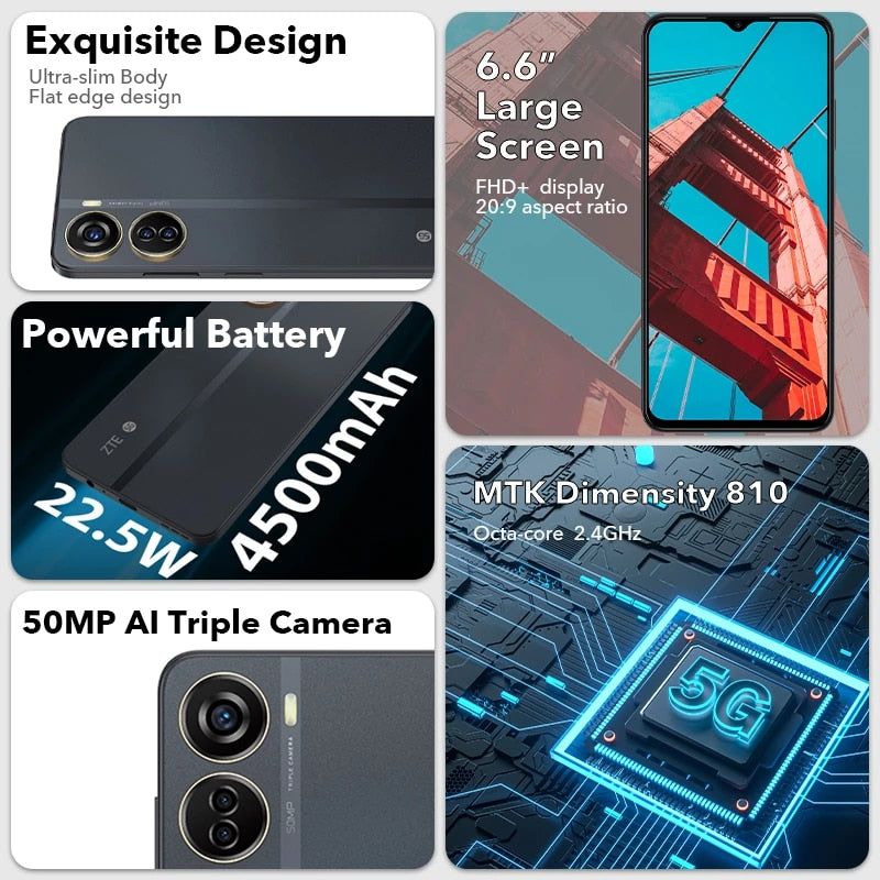 ZTE Blade V41 Vita 5G Smartphone Global Version Dimensity 810 50MP Triple Cameras 6GB 128GB NFC 4500mAh Cell Phone