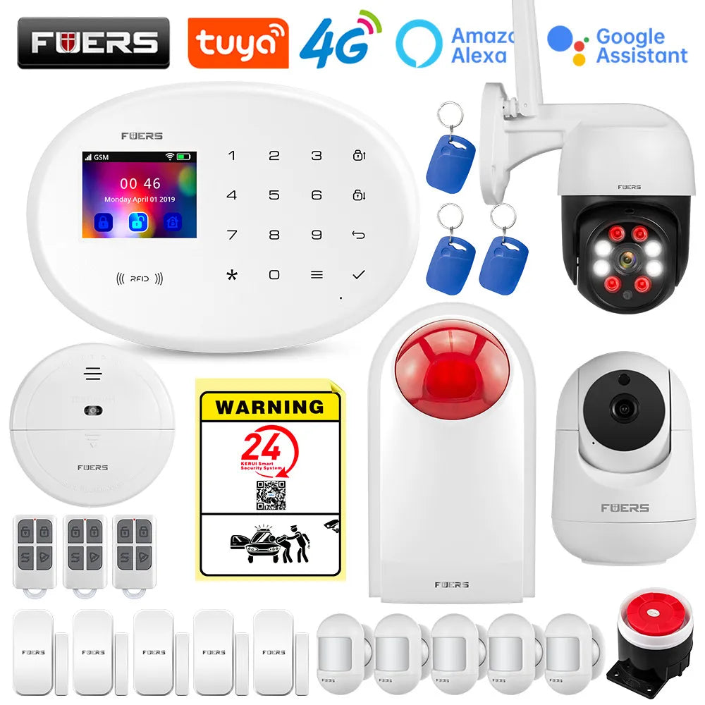 FUERS W204 4G GSM WIFI Tuya Smart Home Alarm system Kit Wireless Alarm Security System IP Camera Waterproof Anti-Pet Sensor