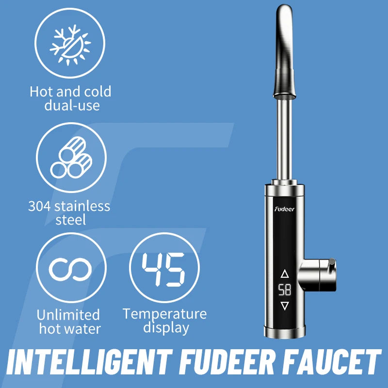 Fudeer Electric Water Heater 220V Kitchen Faucet Tankless Instant Heating Water Tap Flowing Heated Mixer Digital Display Geyser