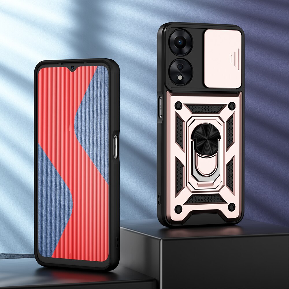 KEYSION Shockproof Armor Case for OPPO A78 5G Slide Camera Lens Protection Ring Stand Phone Back Cover for OPPO A58 5G A58X 5G