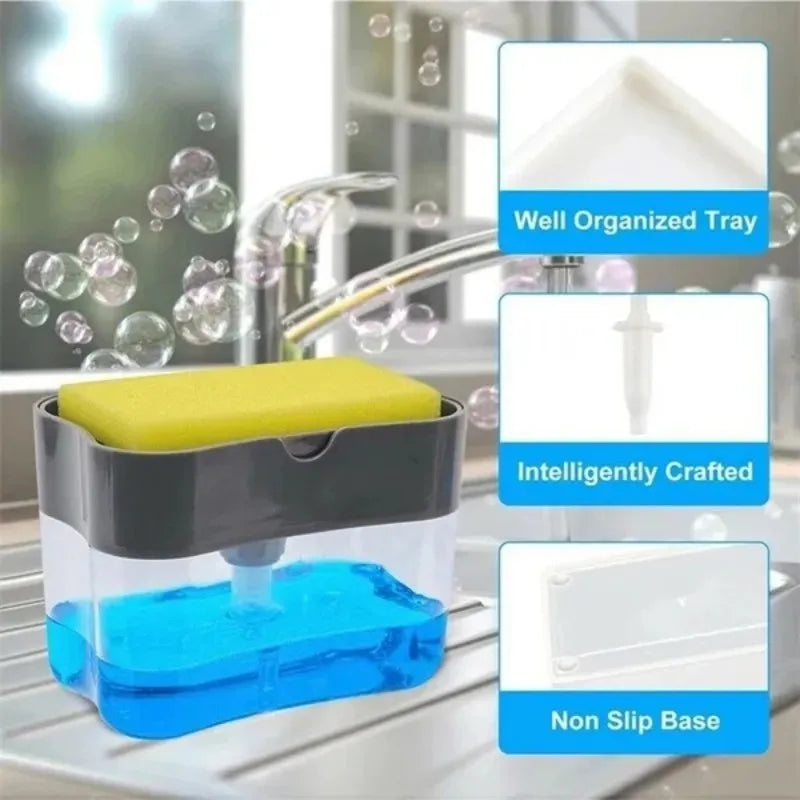 Portable Detergent Soap Box with Sponge Holder Hand Press Dispenser Set for Kitchen Dish Liquid Dispensing Tools Good Helper