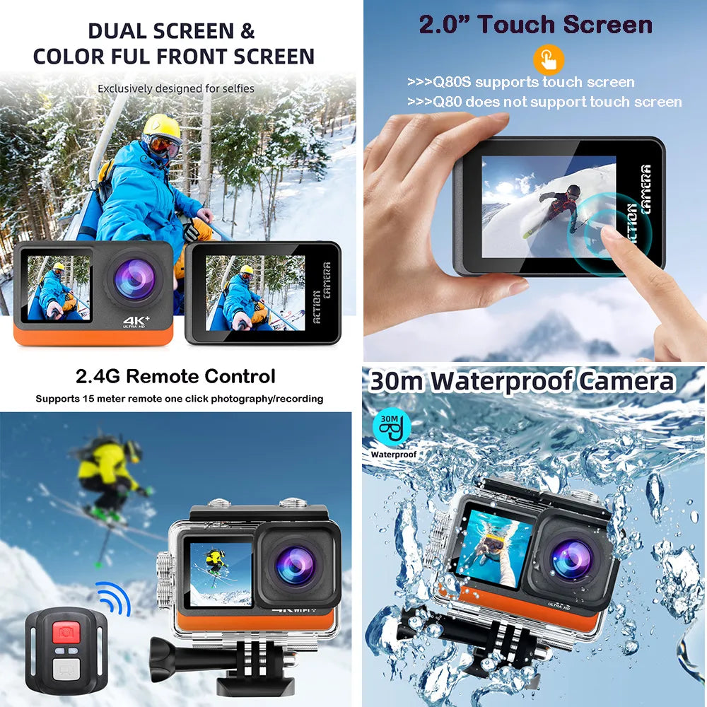 2" Touch IPS Dual Screen Action Camera 4K60FPS 24MP Wi-Fi 170D EIS Optional Filter 1080P Webcam Go Sport Pro Underwater 30M Cam