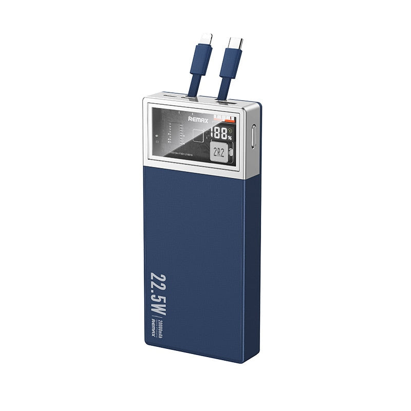 Remax 22.5W Power Bank 20000mAh Fast Charging External Battery Portable PD20W PowerBank Charger TypeC For iPhone Built in 2Cable