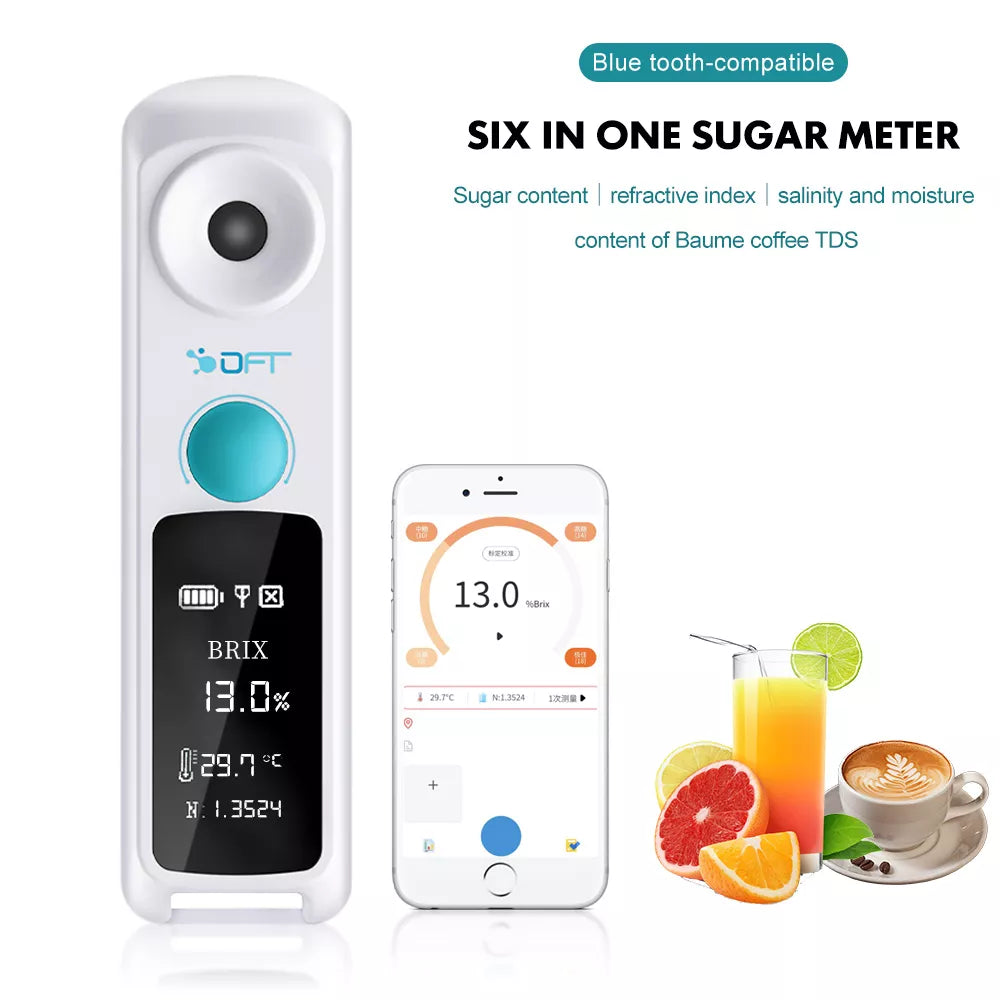 6-in-1 Honey Sugar Auto Refractometer Tester 0-55%/0-95% Brix 0~32% TDS Coffee Densimeter Bluetooth-Online Concentration Meter