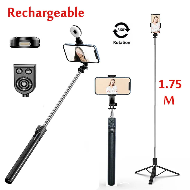 1.75M Rechargeable Long Extended Bluetooth Wireless Selfie Stick Live Broacast Stream Stand Holder Tripod Foldable Smartphones