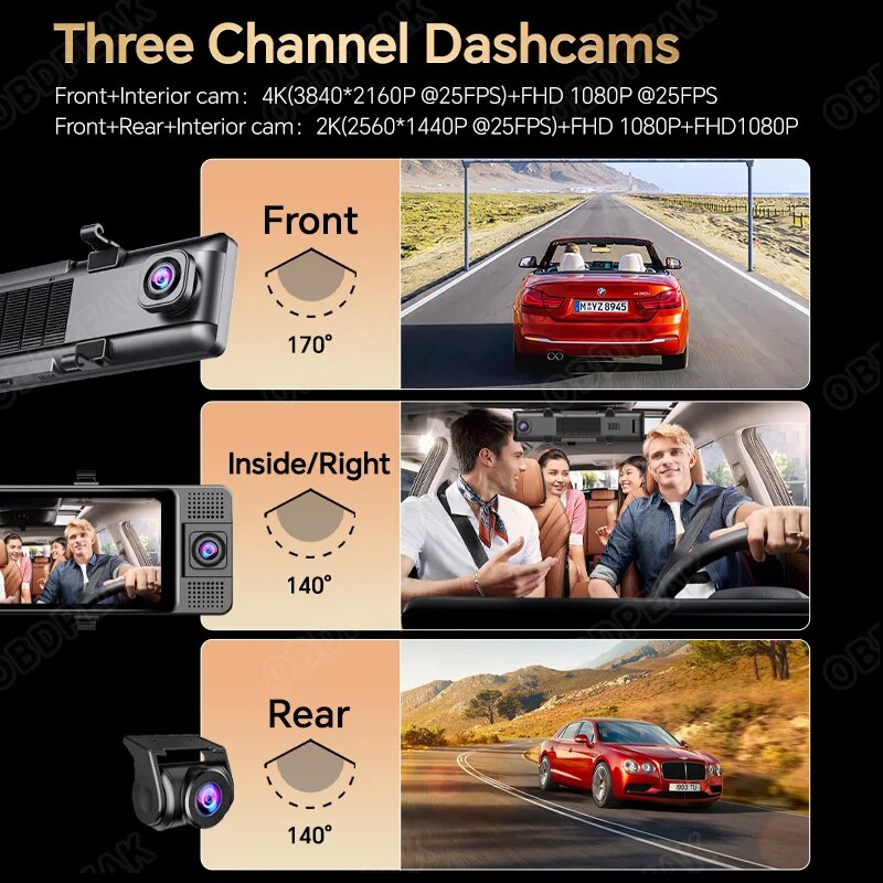 OBDEPAK Car DVR H330 Dash Cam 4K 5Ghz WiFi Rearview Mirror 3 Camera Front/Cabin/Rear Cam GPS Night Vision 24h Parking Monitor