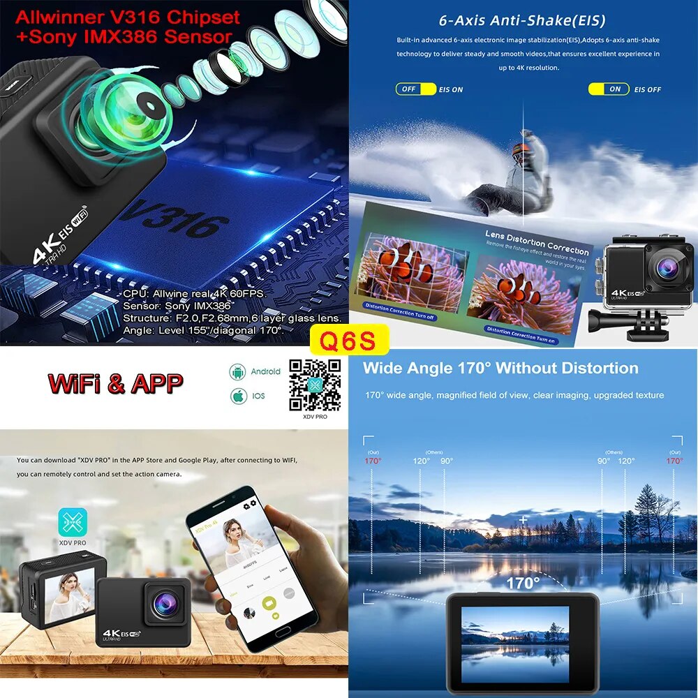 Q6S Action Camera Ultra HD 4K/60fps 24MP WiFi 2" IPS170D Underwater 30M Helmet Vedio Go Sport Pro Anti-Shake With Sony 386 Lens