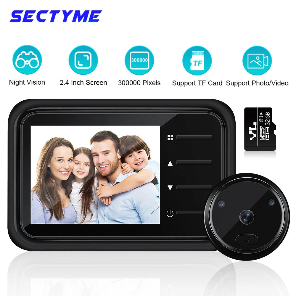 Sectyme Smart Peephole Doorbell Camera 2.4 Inch Auto Record Electronic Ring IR Night Vision Video Doorbell Home Peephole Viewer