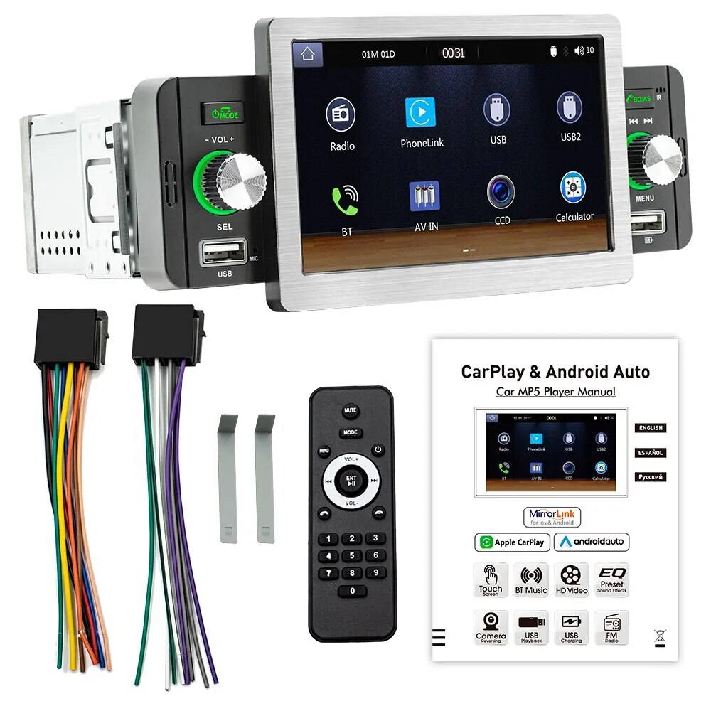 158W 1Din Car Radio CarPlay Android Auto 5Inch MP5 Player Bluetooth Hands Free A2DP USB FM Receiver Audio System