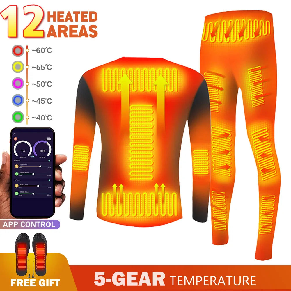 Winter Heated Underwear Fleece Thermal Heating Underwear Suit Warm USB Battery Powered Smart Phone APP Control Temperature S-4XL
