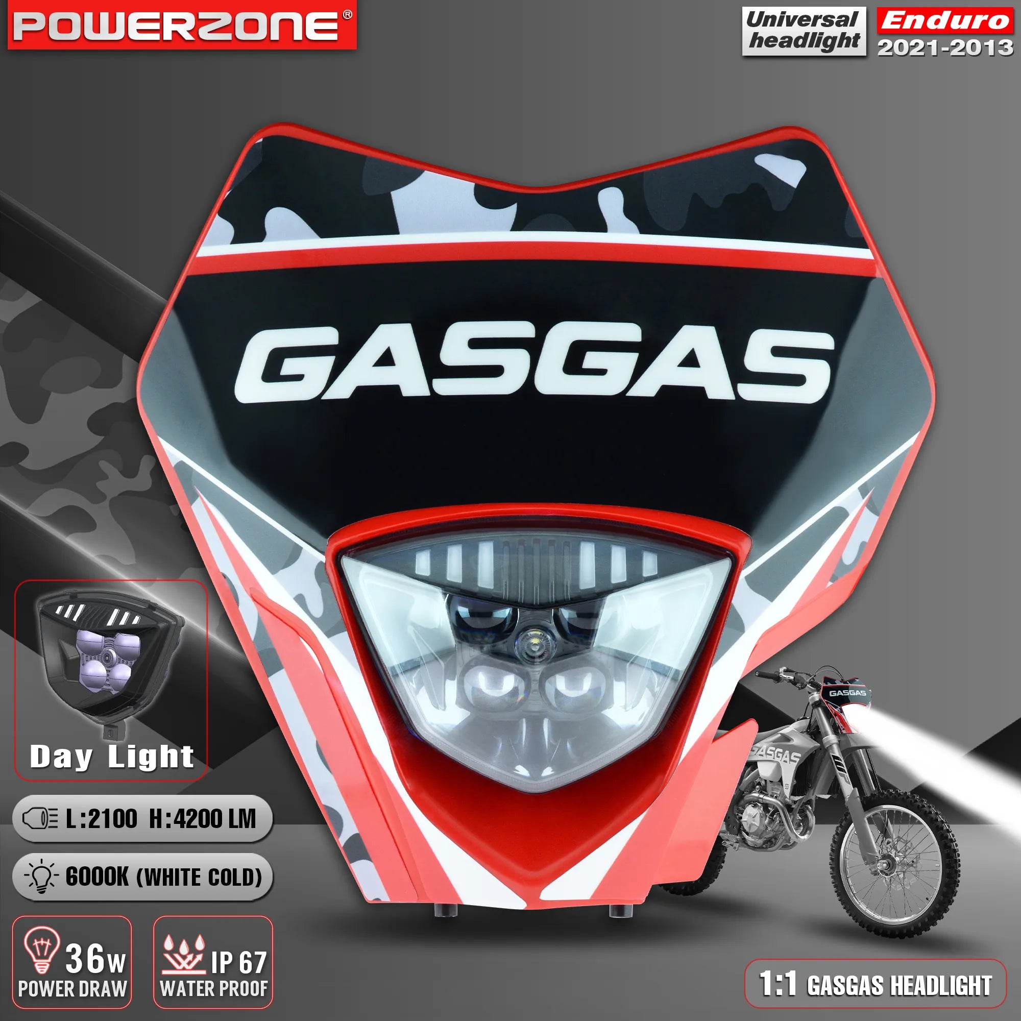 PowerZone Motorcycle LED Headlight Headlamp Supermoto Fairing For GASGAGS  EC MC Universal Light