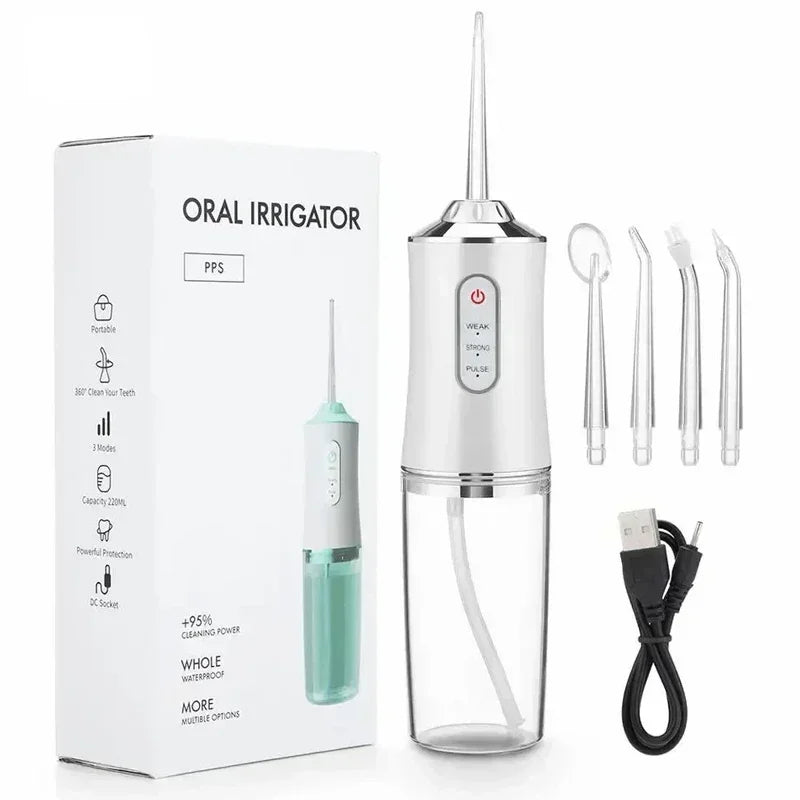 Oral Irrigator Portable Dental Water Flosser USB Rechargeable Water Jet Floss Tooth Pick 4 Jet Tip 220ml 3 Modes Teeth Cleaner