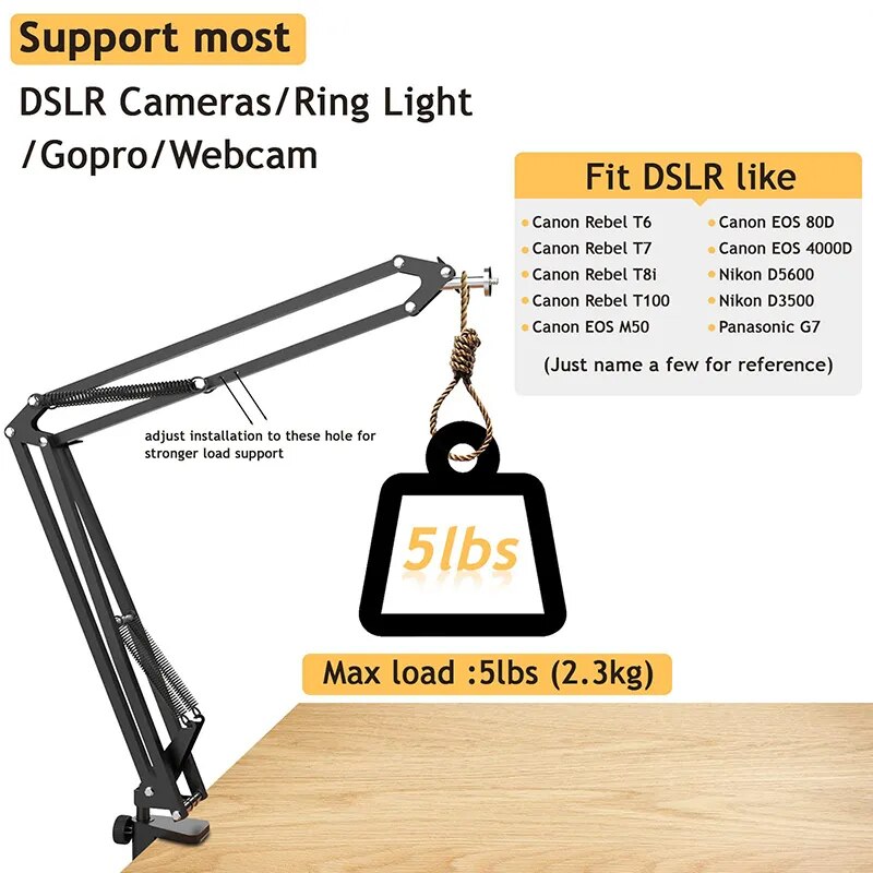 Overhead DSLR Tripod for Camera Mount with Ring Light Desk Kamera Stand Canon Nikon Articulating Arm Video Recording Photography