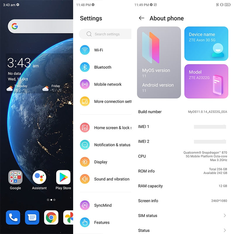 Global Version ZTE Axon 30 5G Under Screen Camera  8GB 128GB Snapdragon 870 6.92'' 120Hz AMOLED Display 65W FastCharge