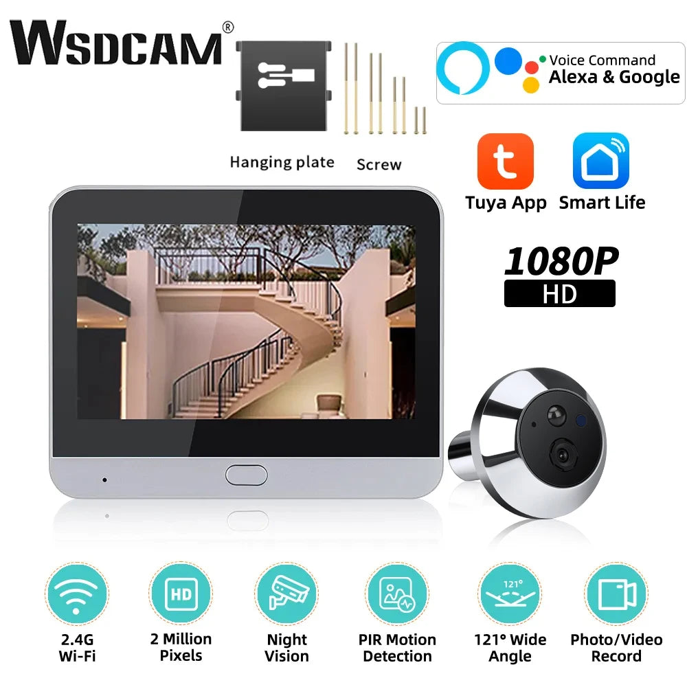 WSDCAM Wifi Indoor Camera 1080P Tuya Peephole Doorbell PIR Motion Detection Door Viewer Night Vision One Way Talk 5000mAh