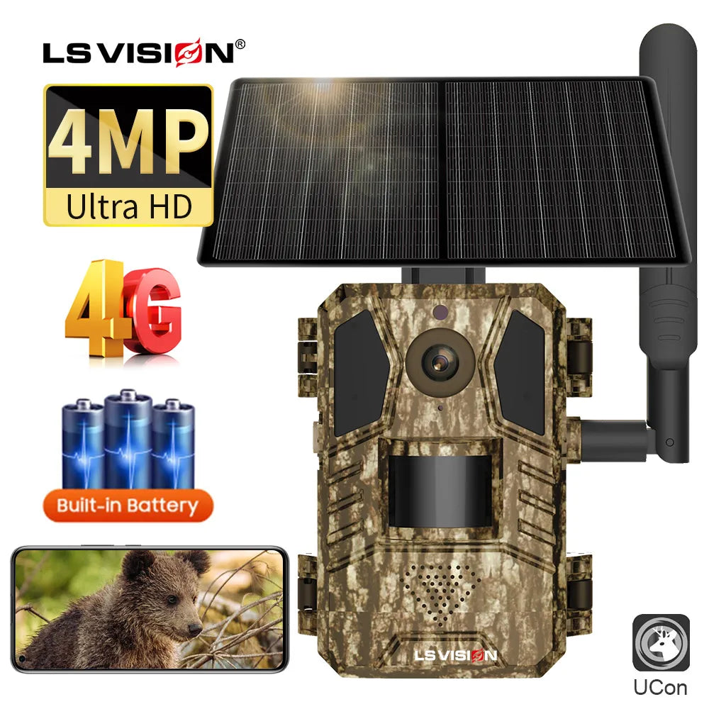 LS VISION Solar Hunting Trail Camera 14MP 4G SIM Card IP66 Waterproof 20M PIR Motion Detection Wildlife Camera IR Night Vision