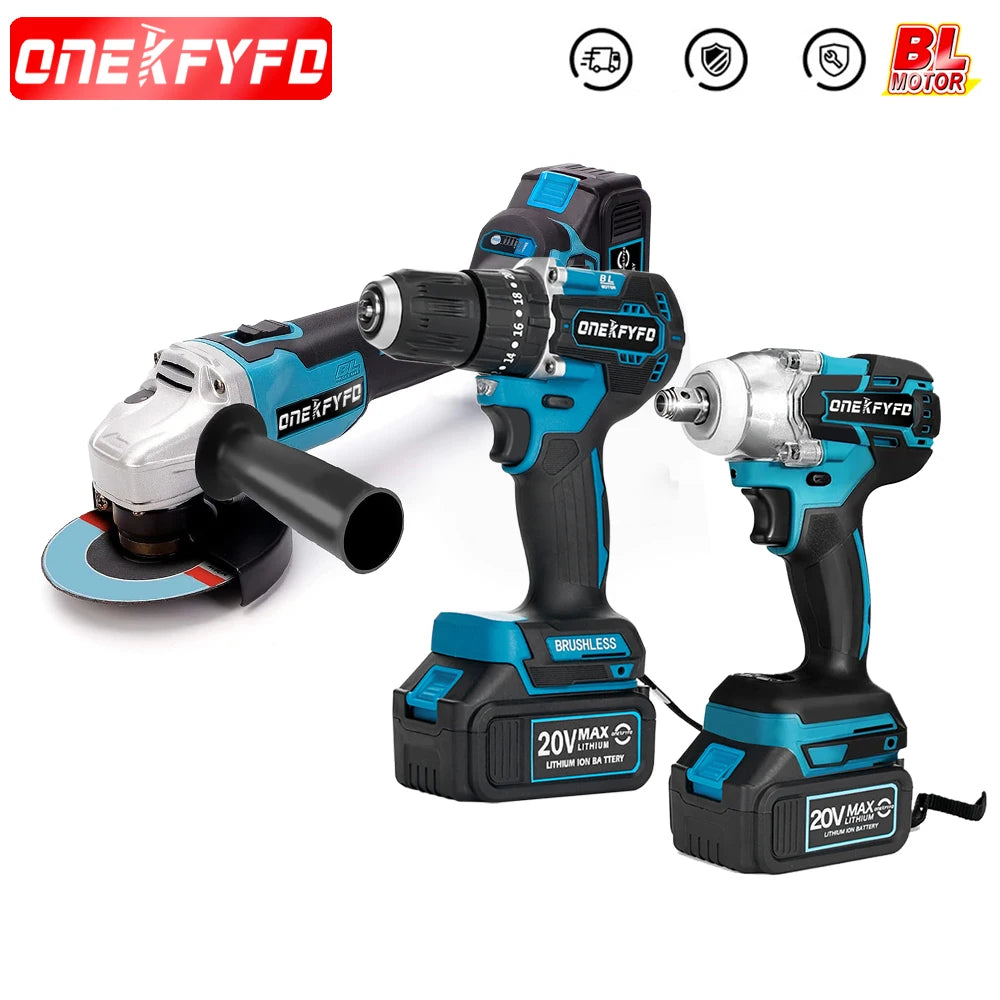 ONEKFYFD Brushless Set Cordless Electric Wrench + Angle Grinder Polishing Grinding +172 Electric Drill for Makita 18V Battery