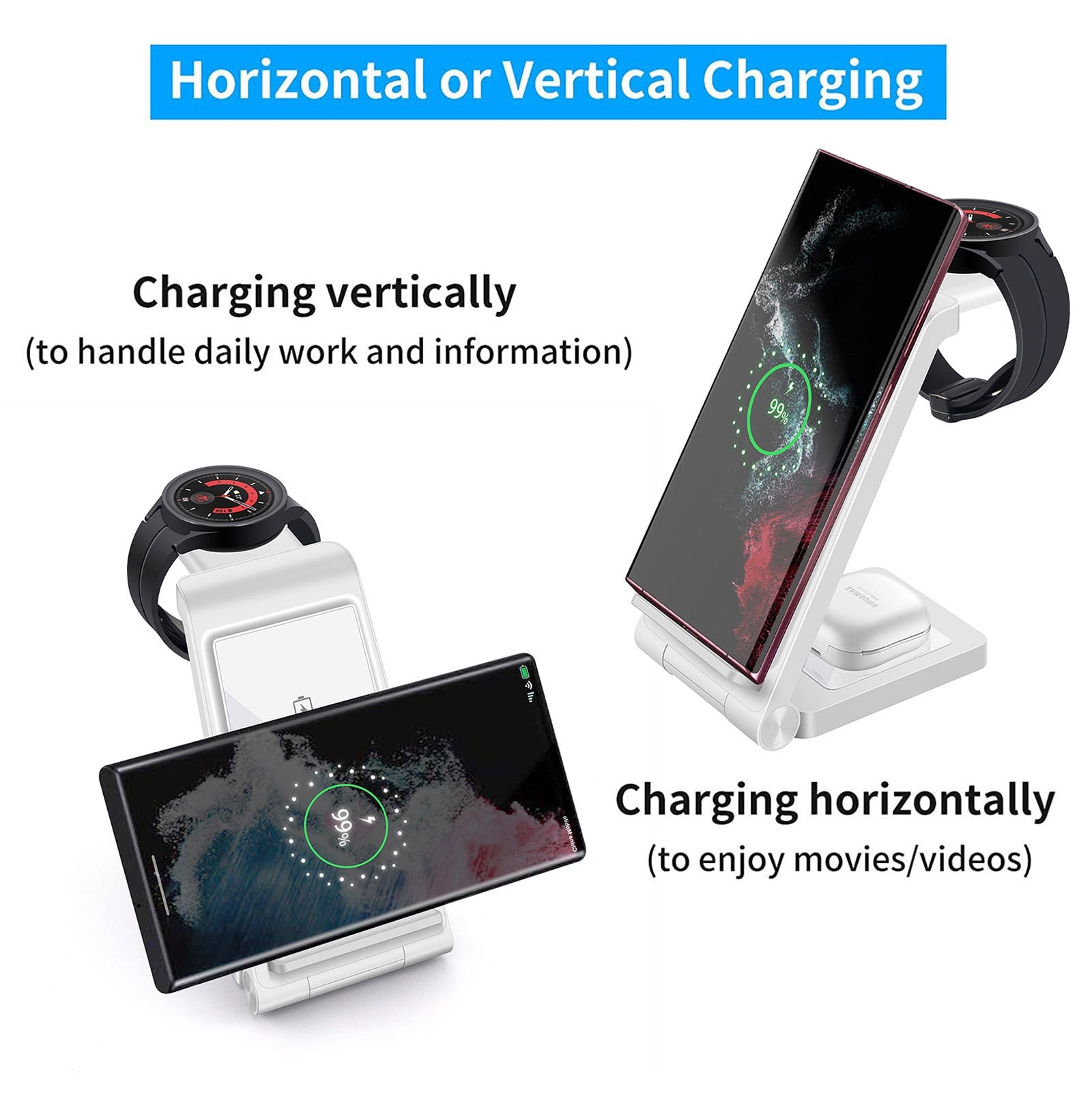 25W 3 in 1 Wireless Charger Stand for Samsung Galaxy Flip 4/S22 Ultra/S21/S20/S10 Galaxy Watch 5 4 Active 2 Buds Fast Charging