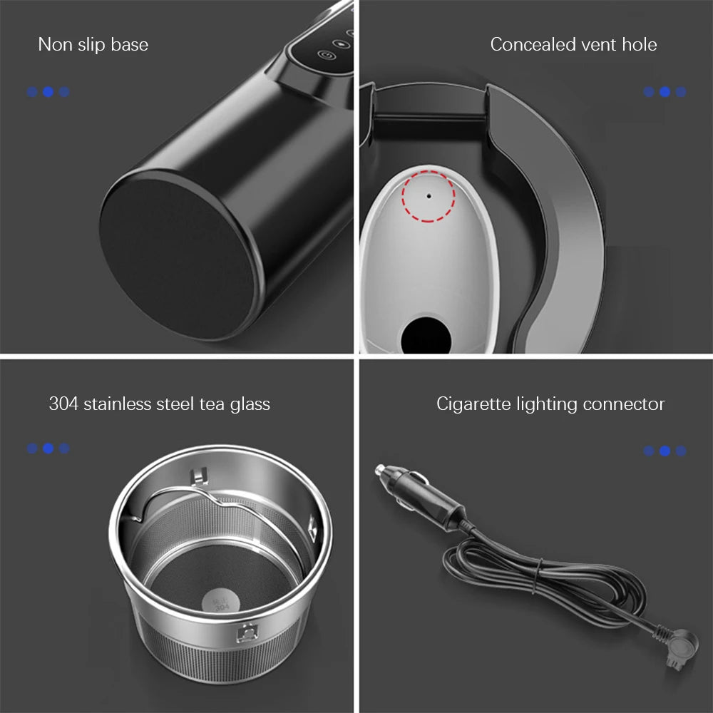 Car Heating Cup 450ML 12V/24V Electric Kettle 304 Stainless Steel Portable Heat Water Bottle Preservation LCD Display Warmer Mug