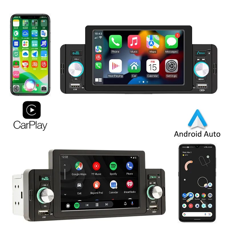 1 Din 5" CarPlay Radio Car Stereo Bluetooth MP5 Player Android-Auto Hands Free A2DP USB FM Receiver Audio System Head Unit F160C