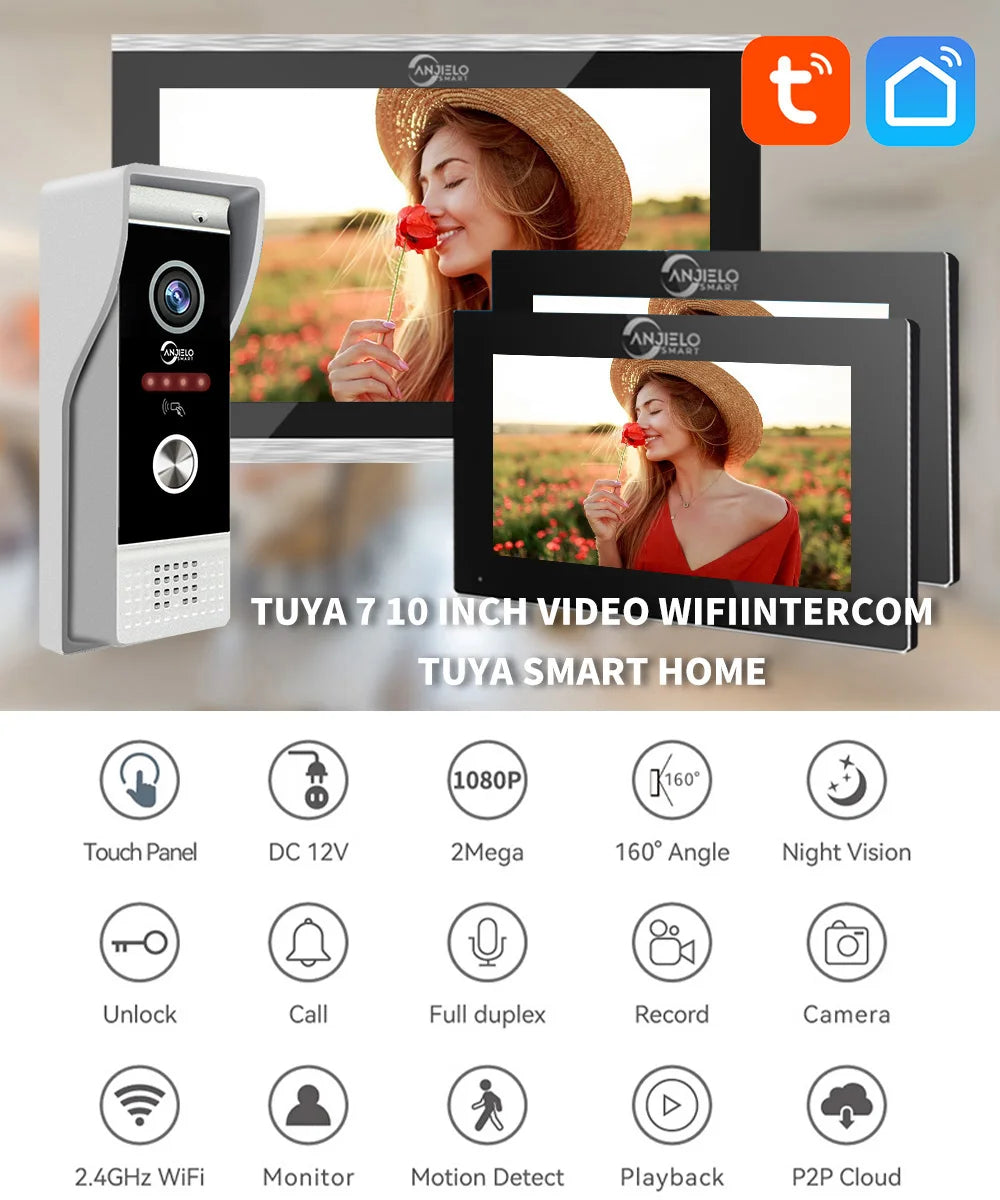 10 Inch 7 Tuya Smart 1080P Doorbell Video Intercom for Home With RFIC Card Full Touch Monitor 160° Wired Camera 인터폰