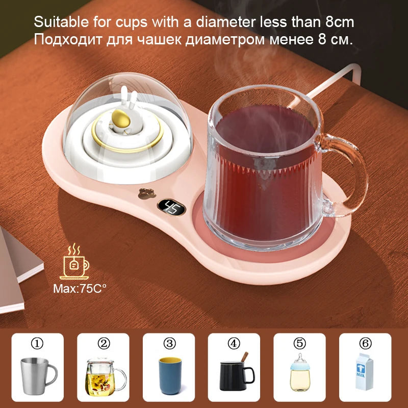 Cute Coffee Mug Warmer Electric Beverage Cup Warming Milk Tea Cocoa Water Home Office Heating Cup Mat with Timer Auto-on/off