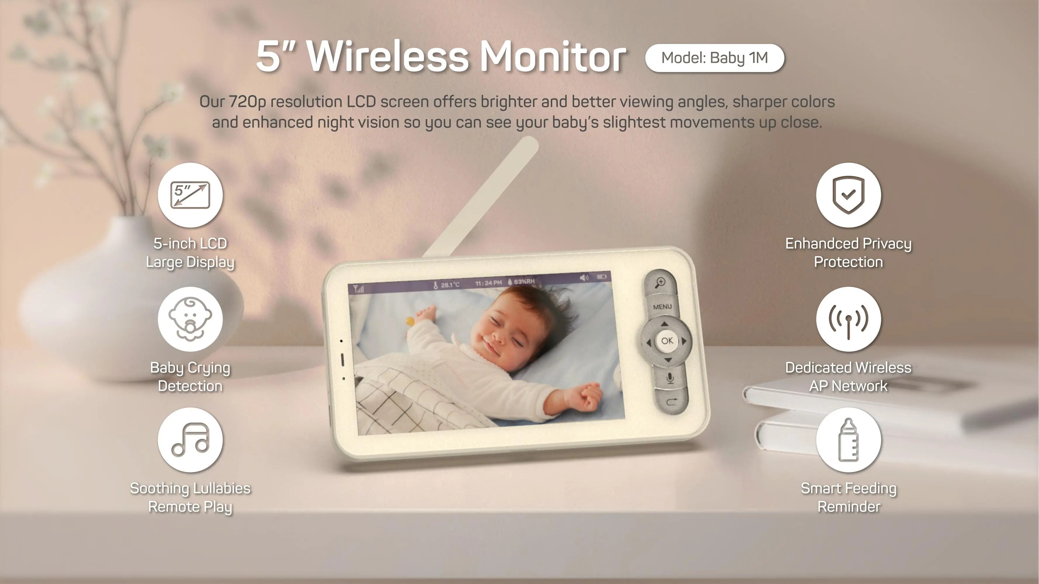 NEW 5" Video Baby Monitor 2.4GH WiFi 1080P Camera NightVision Motion and Sound Notifications Humidity Support Phone App Control