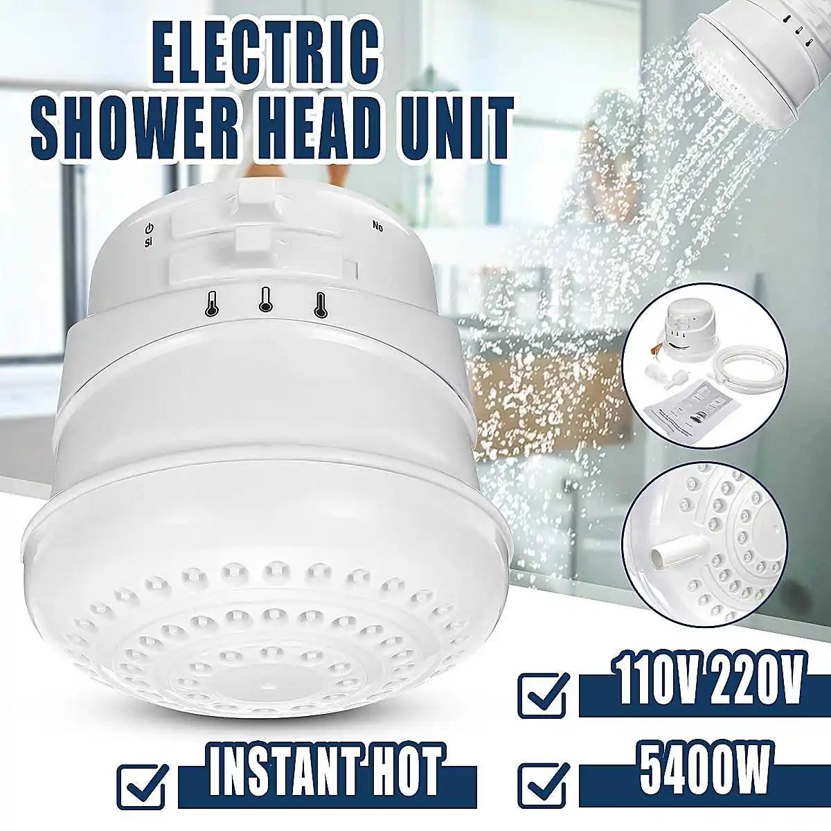 2m Hose 5400W Electric Shower Head Tankless Instant Hot Water Heater 3 Temperature Adjustable Portable Calorifier 110V/220V