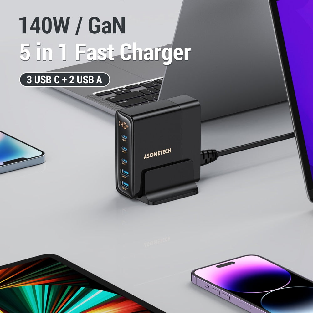 140W GaN Multi USB Charger PD3.0 Type C Fast Charging Station LED Display USB C Charger For Laptop iPhone 14 13 Samsung Xiaomi