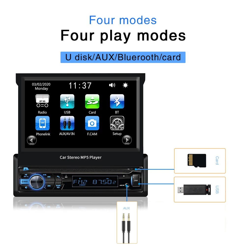 Grandnavi Universal 1Din Retractable Car Radio Stereo MP5 Player 7inch Touch Screen Mirrorlink SD FM USB Bluetooth AUX Audio