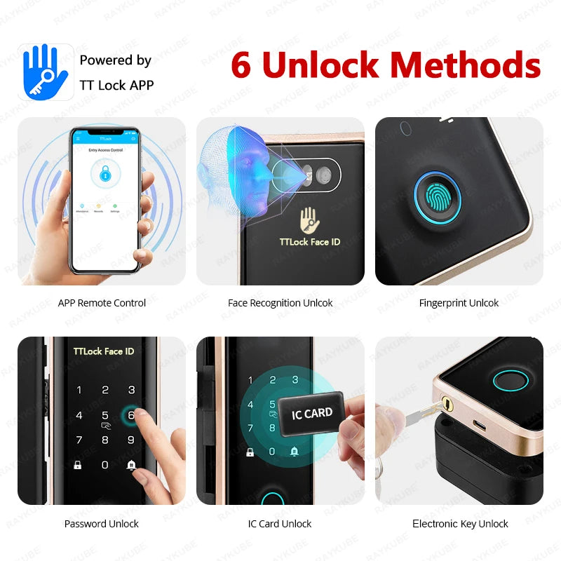 RAYKUBE FS1 TT Lock 3D Face Recognition Smart Lock With Half-circle Hook Biometric Electronic Fingerprint Unlock Glass Door Lock