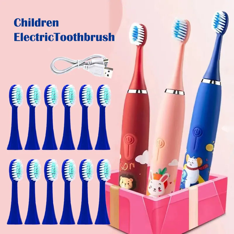 Children's Cartoon Colorful Electric Toothbrush 12Pcs Replacement Heads Ultrasonic Rechargeable Soft Hair Cleaning Brush for Kid