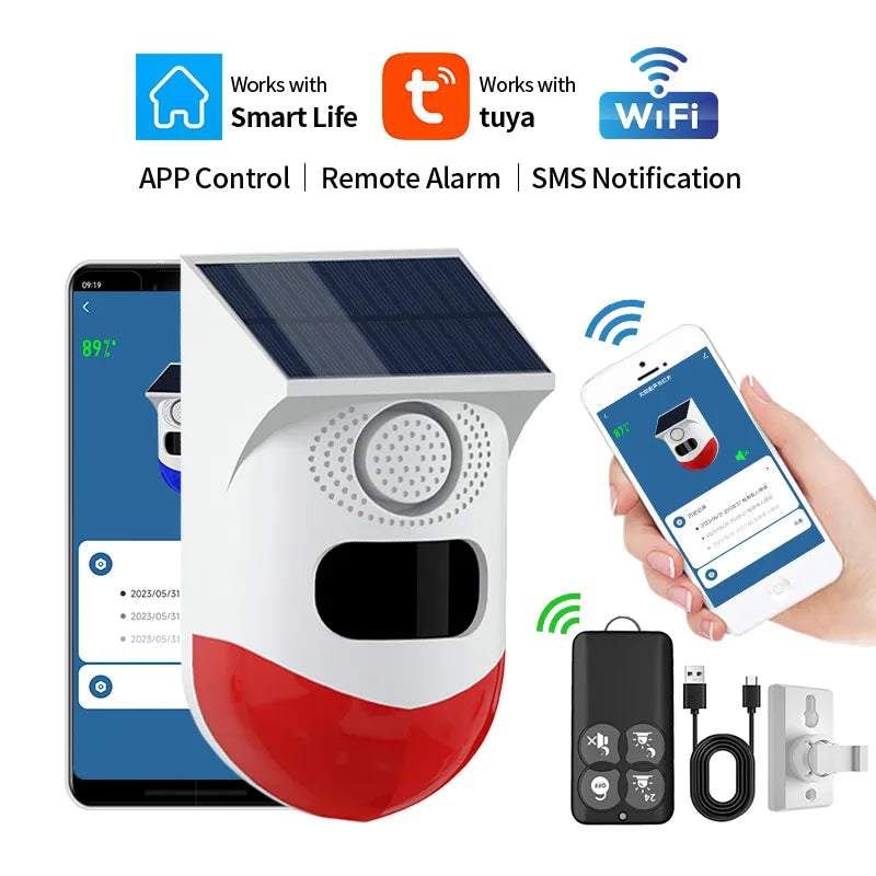 2in1 WiFi Tuya Smart Remote Control Outdoor Charging Security Sound Alarm Detector Sensor Farm Garden Solar Infrared Siren Solar