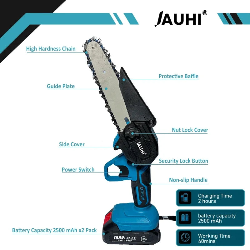 JAUHI 6 Inch Chain Saw Cordless Electric Saw for Makita 18V Battery Handheld Garden Logging Chainsaw Wood Cutting Power Tool