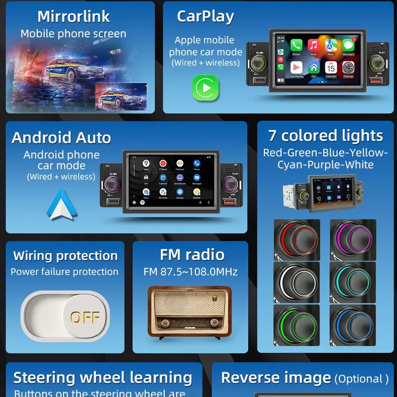 Car Radio 1 Din Wireless CarPlay 5" Android-Auto Bluetooth MP5 Video Player A2DP USB TF FM Stereo Audio System Head Unit SWM151W