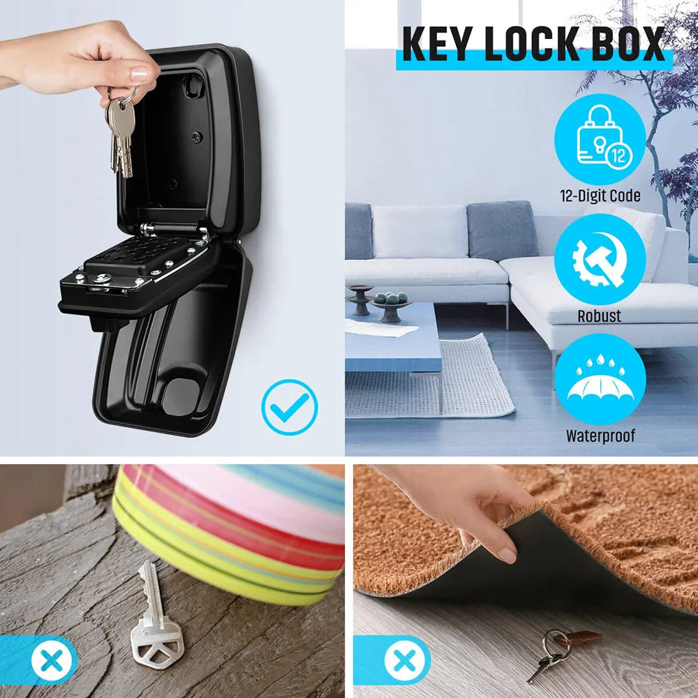 Key Lock Box Waterproof Wall Mount Lock 12-Digit Combination Resettable Large Capacity Security Lockbox for Home Garage Office